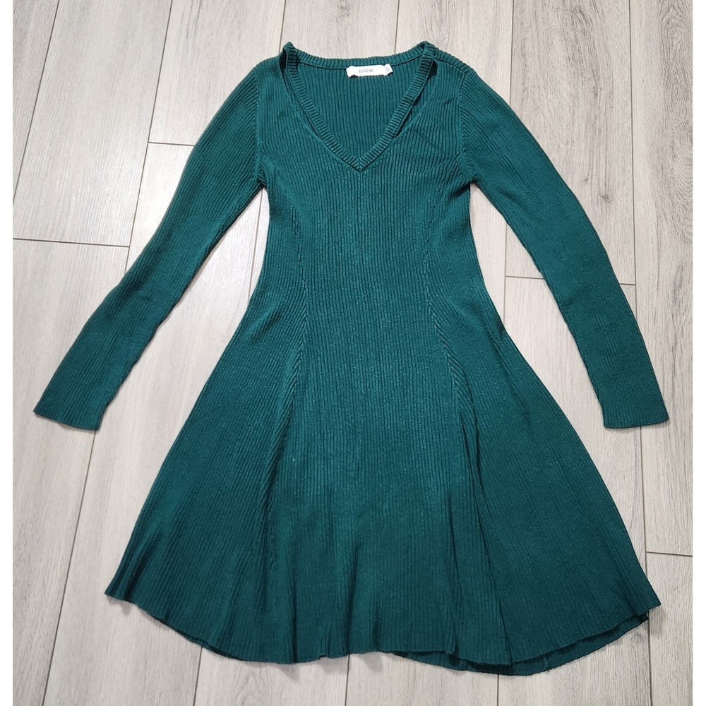 JustFab Womens XL Green Ribbed Knit V-Neck Cutout Fit & Flare Sweater Dress